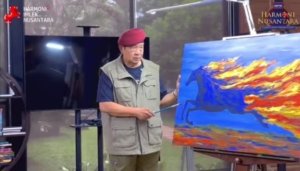 Lukisan “Kuat dan Energik Laksana Kuda Api” karya Presiden RI ke-6 Susilo Bambang Yudhoyono yang dilelang dalam acara Perayaan Imlek Partai Demokrat 2026.