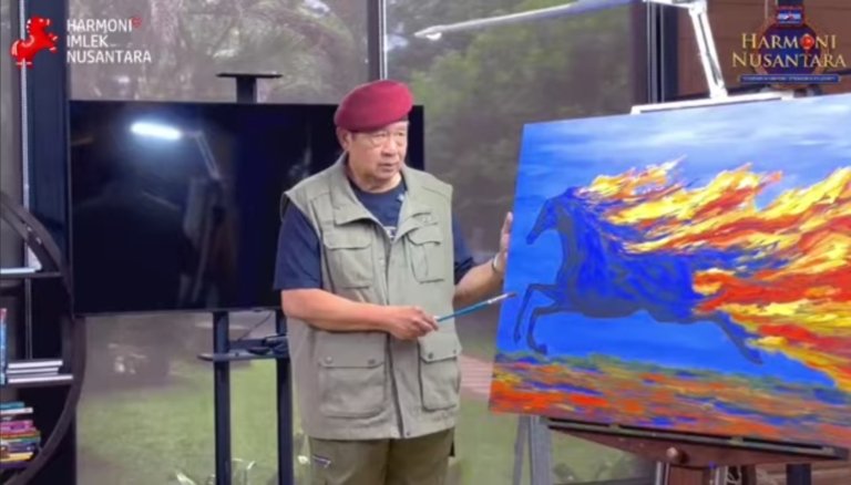 Lukisan “Kuat dan Energik Laksana Kuda Api” karya Presiden RI ke-6 Susilo Bambang Yudhoyono yang dilelang dalam acara Perayaan Imlek Partai Demokrat 2026.