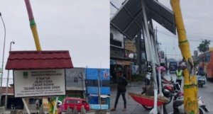 Tugu Bambu Runcing Warung Bongkok di Desa Sukadanau, Cikarang Barat, kini berdiri miring setelah mengalami kerusakan akibat ditabrak kendaraan beberapa waktu lalu. Warga berharap kawasan tersebut ditata ulang menjadi ikon sejarah Kabupaten Bekasi.