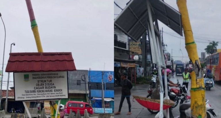 Tugu Bambu Runcing Warung Bongkok di Desa Sukadanau, Cikarang Barat, kini berdiri miring setelah mengalami kerusakan akibat ditabrak kendaraan beberapa waktu lalu. Warga berharap kawasan tersebut ditata ulang menjadi ikon sejarah Kabupaten Bekasi.