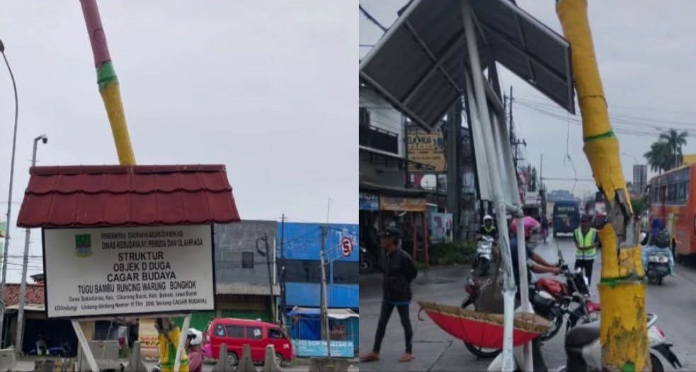 Tugu Bambu Runcing Warung Bongkok di Desa Sukadanau, Cikarang Barat, kini berdiri miring setelah mengalami kerusakan akibat ditabrak kendaraan beberapa waktu lalu. Warga berharap kawasan tersebut ditata ulang menjadi ikon sejarah Kabupaten Bekasi.