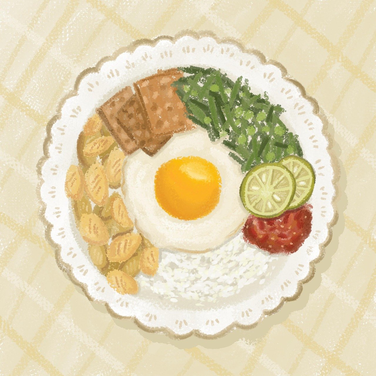 Ilustrasi aneka makanan bergizi seperti telur, tempe, ikan, bayam, pisang, dan jeruk yang dikenal baik untuk menjaga energi serta sistem kekebalan tubuh.